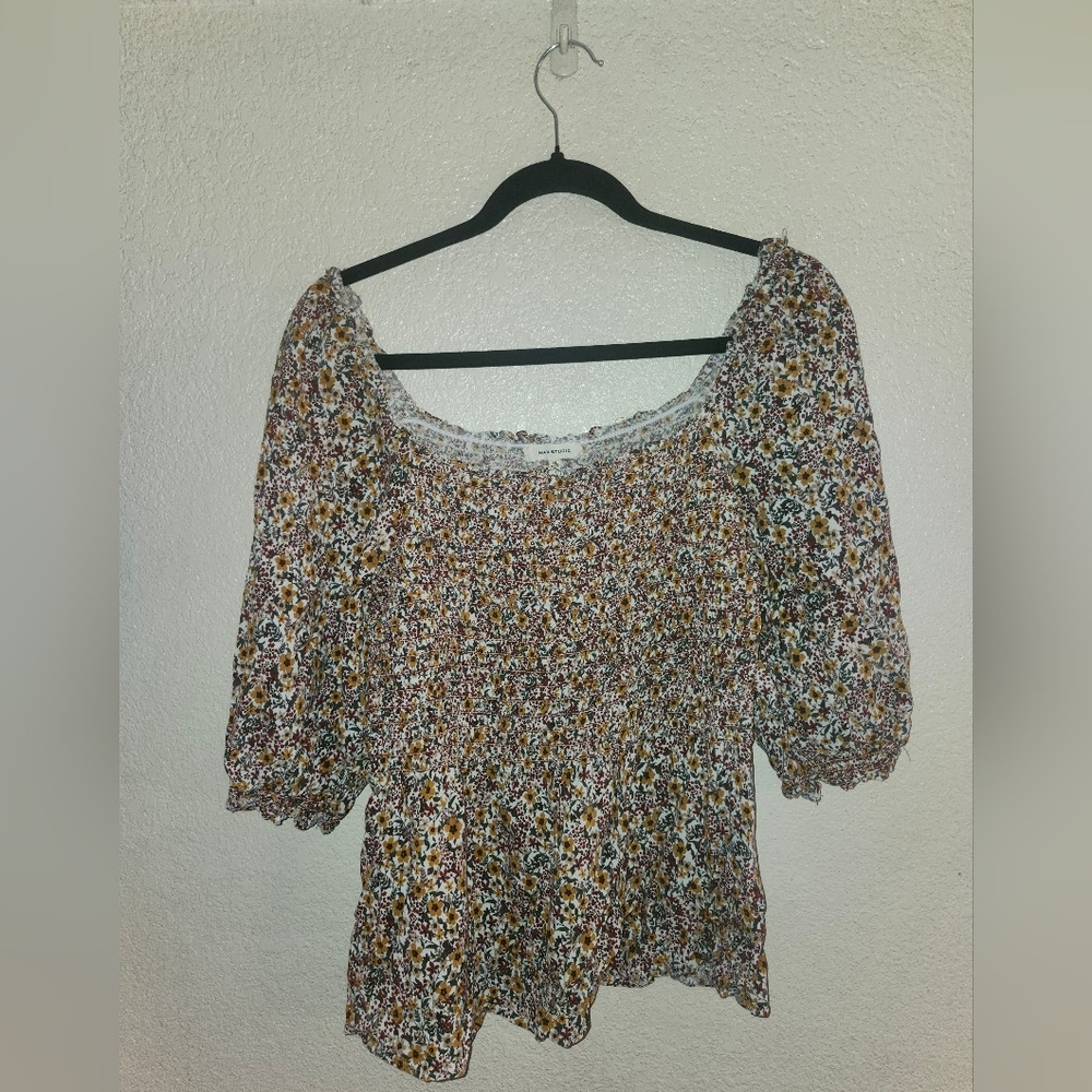 Max Studio Floral Peasant Blouse in White, Brown, Yellow